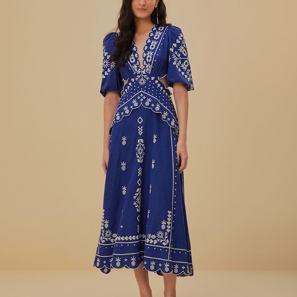 FARM Rio Blue Puff Sleeve V-Neck Sundress